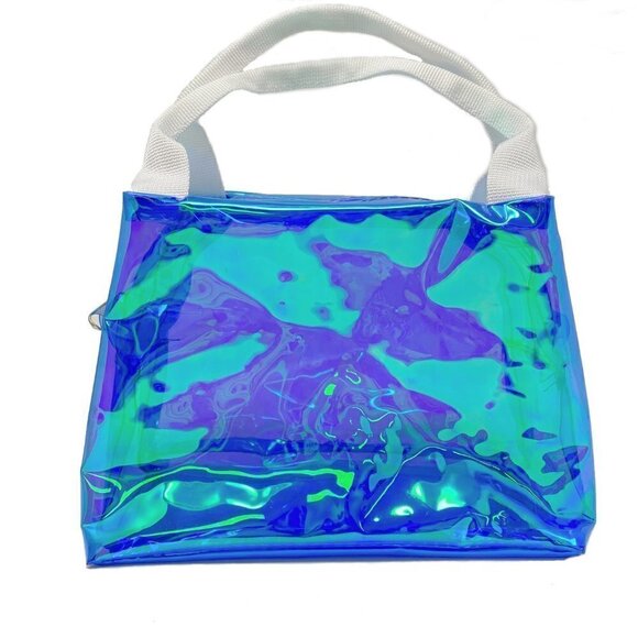 Blue iridescent bag with top zipper w/ white handle  Cosmetic bag Bath caddy NEW - Picture 1 of 2